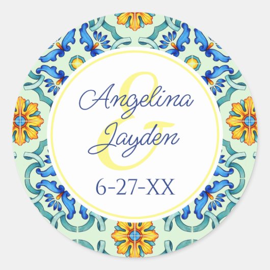 青地中海のと黄色の夏の結婚タイル ラウンドシール (正面)