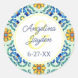 青地中海のと黄色の夏の結婚タイル ラウンドシール