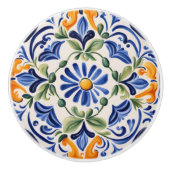 青地中海のイタリアンと黄のフローラ花 セラミックノブ (正面)