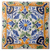 青地中海のイタリアンと黄のフローラ花 タイル (正面)