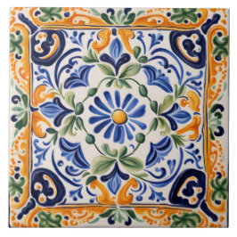 青地中海のイタリアンと黄のフローラ花 タイル