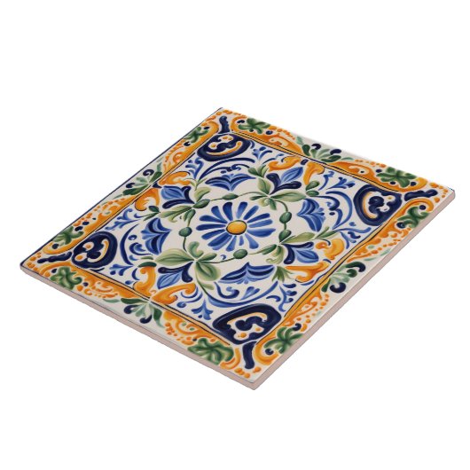 青地中海のイタリアンと黄のフローラ花 タイル (側面)