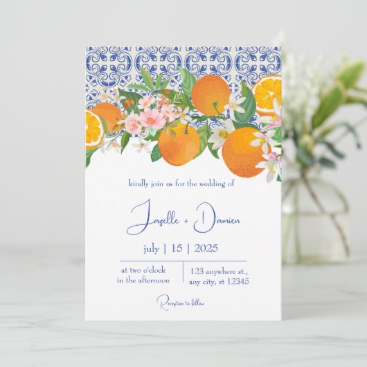 青地中海のイタリアン瓦とオレン結婚ジ 招待状 (スタンド正面)