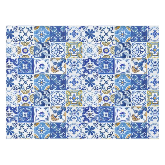 青地中海のイタリアン、白、黄色のパターン テーブルクロス (正面(横))