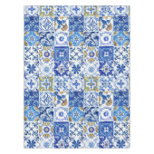 青地中海のイタリアン、白、黄色のパターン テーブルクロス (正面)