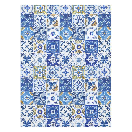 青地中海のイタリアン、白、黄色のパターン テーブルクロス (正面)