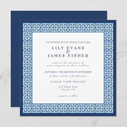 青地中海のギリシャ鍵イタリック結婚ズ 招待状 (正面/裏面)