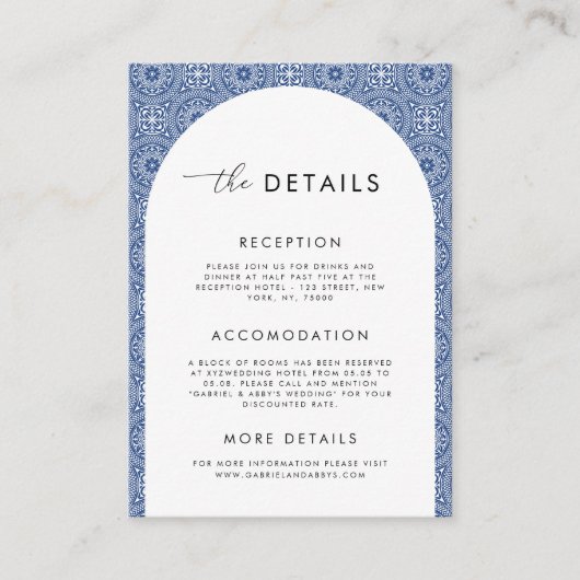 青地中海のスペインのタイル結婚の詳細 エンクロージャーカード (正面)