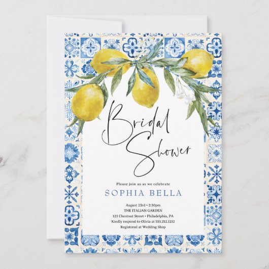 青地中海のタイルイタリアンブライダルシャワー 招待状 (正面)