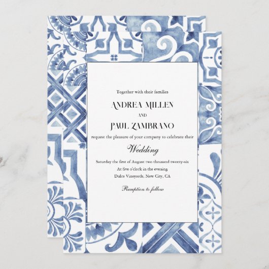 青地中海のタイル結婚式招待状 招待状 (正面/裏面)