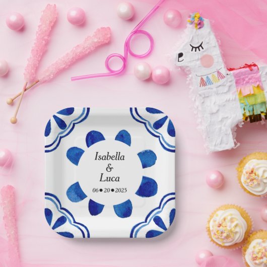 青地中海のフローラタイル水色彩の鮮やか色 ペーパープレート (パーティー)