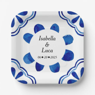 青地中海のフローラタイル水色彩の鮮やか色 ペーパープレート