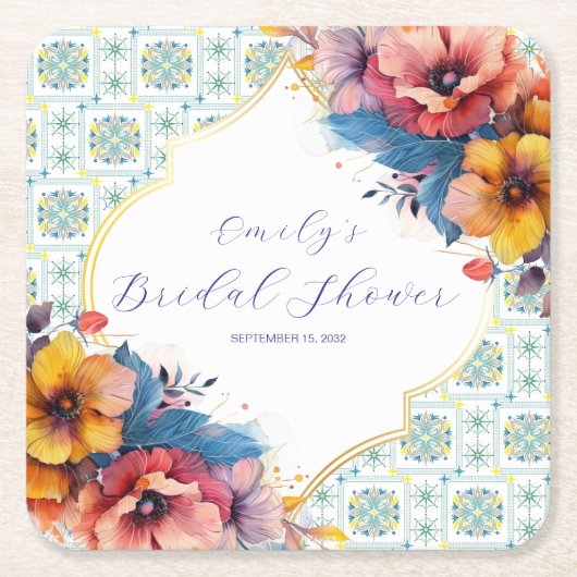 青地中海のフローラブライダルシャワー スクエアペーパーコースター (正面)