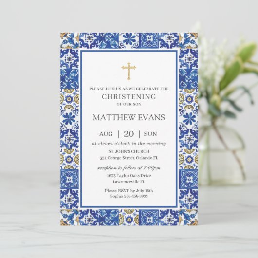 青地中海のモザイクタイル《キリスト教》洗礼式や命名式 招待状 (スタンド正面)