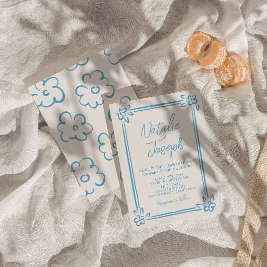 青地中海の手書きイ描タリア結婚ズ 招待状