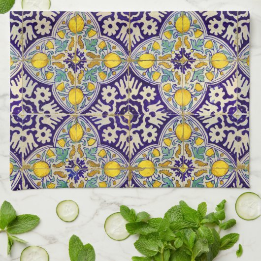 青地中海の模様黄色い花 キッチンタオル (折り畳み)