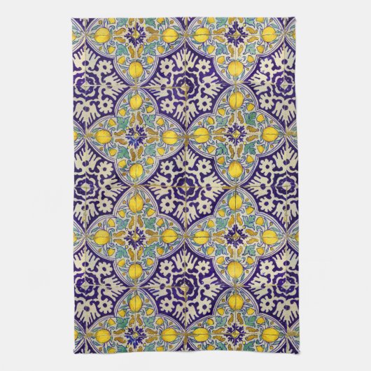 青地中海の模様黄色い花 キッチンタオル (縦)