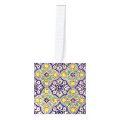 青地中海の模様黄色い花 キューブオーナメント (正面)