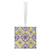 青地中海の模様黄色い花 キューブオーナメント (右)