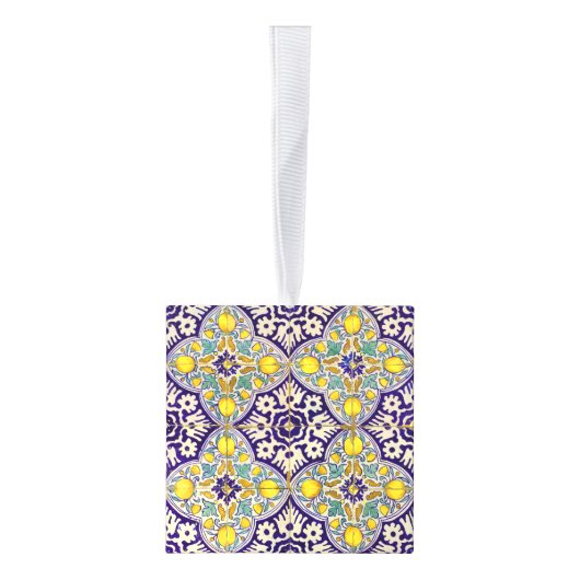 青地中海の模様黄色い花 キューブオーナメント (右)