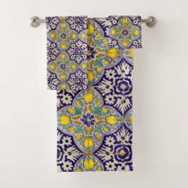青地中海の模様黄色い花 バスタオルセット