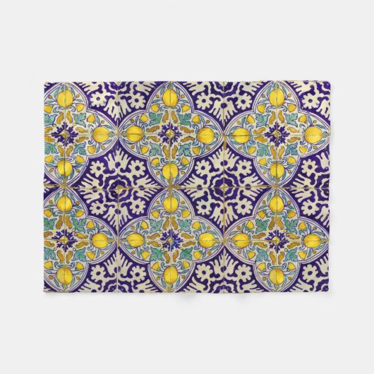 青地中海の模様黄色い花 フリースブランケット (正面(横))