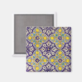 青地中海の模様黄色い花 マグネット (正面/裏面)