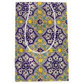 青地中海の模様黄色い花 ミディアムペーパーバッグ (正面)