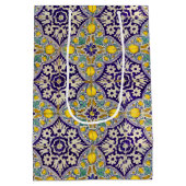 青地中海の模様黄色い花 ミディアムペーパーバッグ (裏面)