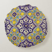 青地中海の模様黄色い花 ラウンドクッション (裏面)
