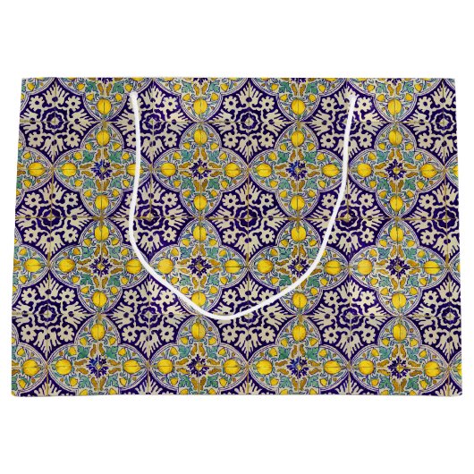 青地中海の模様黄色い花 ラージペーパーバッグ (正面)