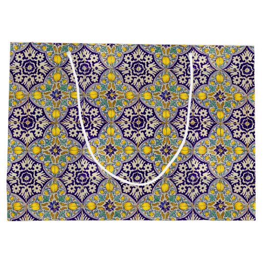 青地中海の模様黄色い花 ラージペーパーバッグ (裏面)