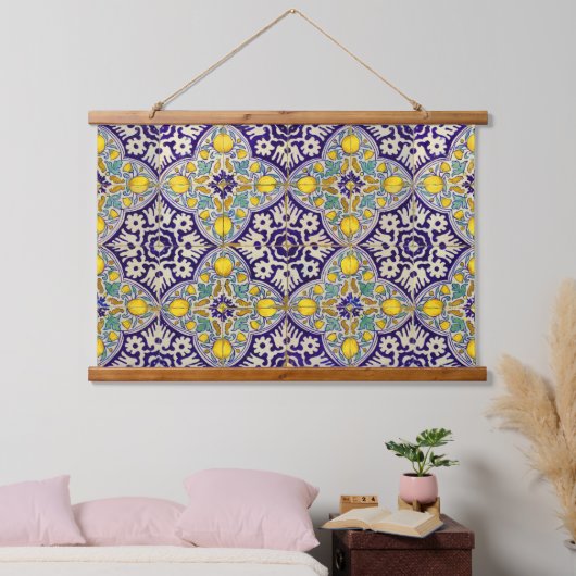 青地中海の模様黄色い花 吊り下げ型タペストリー (寝室)
