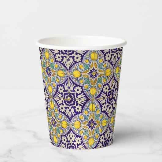 青地中海の模様黄色い花 紙コップ (裏面)