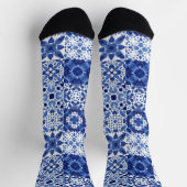 青地中海の白タイル模様の水色 ソックス (上部)