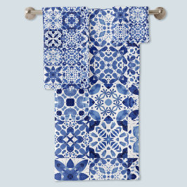 青地中海の白タイル模様の水色 バスタオルセット