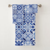 青地中海の白タイル模様の水色 バスタオルセット (インサイチュ)