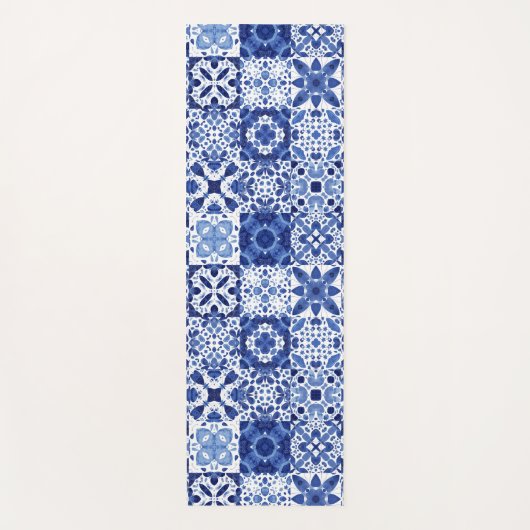 青地中海の白タイル模様の水色 ヨガマット (正面)