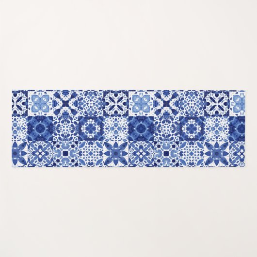 青地中海の白タイル模様の水色 ヨガマット (正面(横))