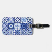 青地中海の白タイル模様の水色 ラゲッジタグ (正面横)