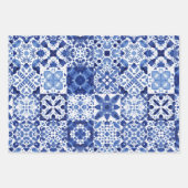 青地中海の白タイル模様の水色 ラッピングペーパーシート (正面2)