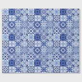 青地中海の白タイル模様の水色 ラッピングペーパー (フラット)