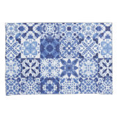 青地中海の白タイル模様の水色 枕カバー (正面右)