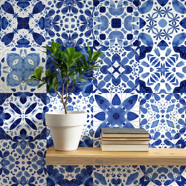 青地中海の白タイル水色 壁紙 (Mediterranean blue and white tile pattern watercolor peel and stick wallpaper)