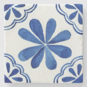 青地中海の白モザイクイタリアンフローラ ストーンコースター (正面)