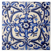 青地中海の白抽象芸術フォークアート タイル (正面)