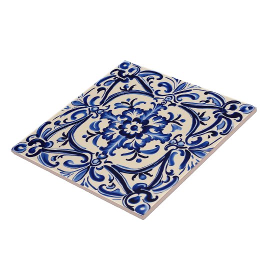 青地中海の白抽象芸術フォークアート タイル (側面)