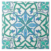 青地中海の緑華美模様 タイル (正面)