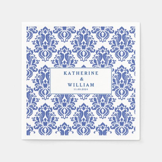 青地中海の色と白のタイルのヴィンテージパターン スタンダードカクテルナプキン (正面)