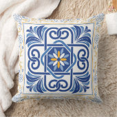 青地中海の色と金ゴールドフローラタイルヴィンテージ クッション (ブランケット)